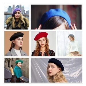 VTG Premium Vintage Women Wool Beret Hats 3-Pack One Size Black Camel Pink